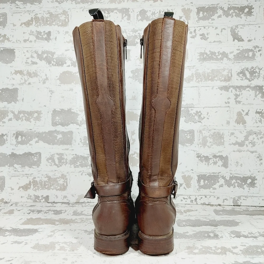 Blondo Valente Brown Leather Elastic Panel Buckle Detail Riding Boots H684
